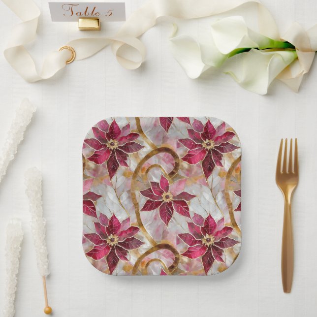 Goldene Wirbel Burgundy Pink Weihnachten Poinsetti Pappteller (Hochzeit)
