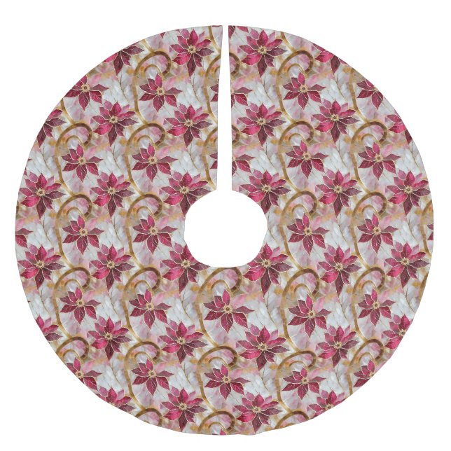Goldene Wirbel Burgundy Pink Weihnachten Poinsetti Polyester Weihnachtsbaumdecke (Vorderseite)