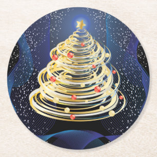 Goldene Wirbel Moderner Weihnachtsbaum Runder Pappuntersetzer