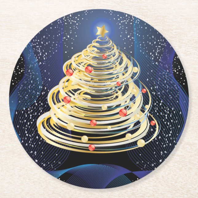 Goldene Wirbel Moderner Weihnachtsbaum Runder Pappuntersetzer (Vorderseite)