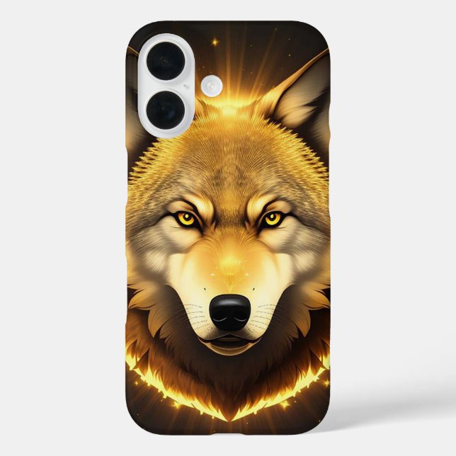 Goldene Wolf-Illustration im strahlenden Licht iPhone 16 Hülle (Rückseite)