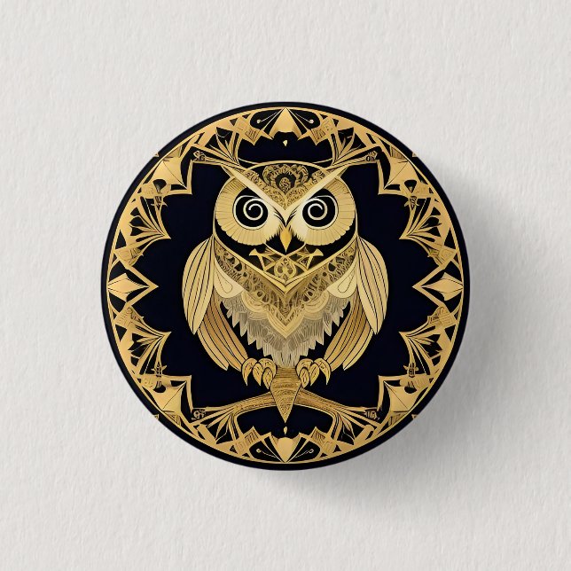 Goldene Zier-Eule mit dekorativem Design Button (Vorderseite)