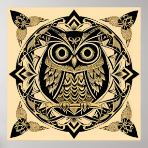 🦉 Goldene Zierliche Eulen-Wandkunst Luxus-Dekorat Poster
