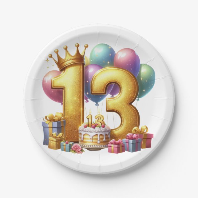 Goldener 13. Geburtstag Pappteller (Vorderseite)