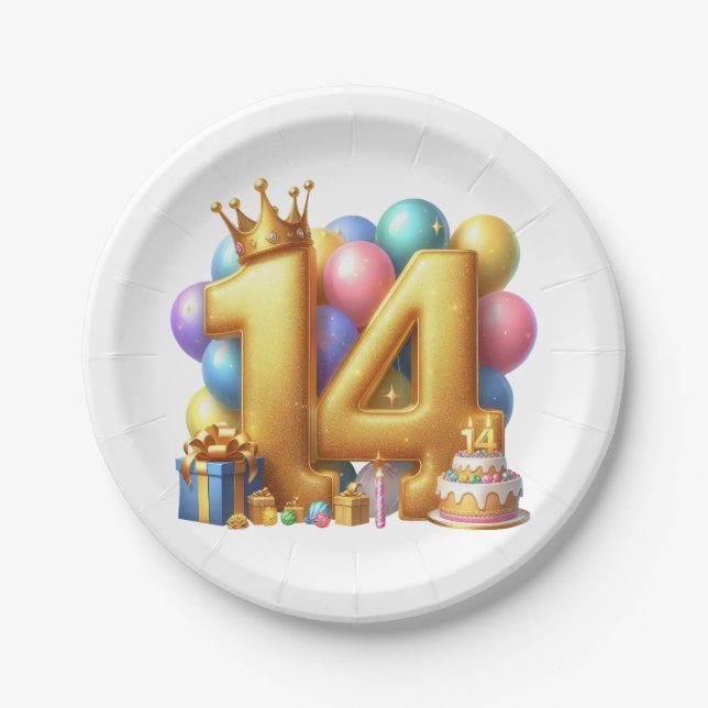 Goldener 14. Geburtstag Pappteller (Vorderseite)
