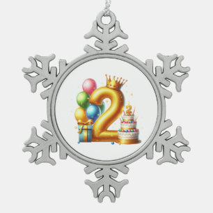 Goldener 2. Geburtstag Schneeflocken Zinn-Ornament