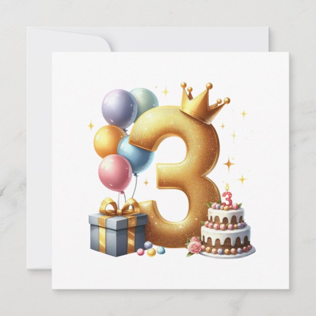 Goldener 3. Geburtstag Einladung (Vorderseite)