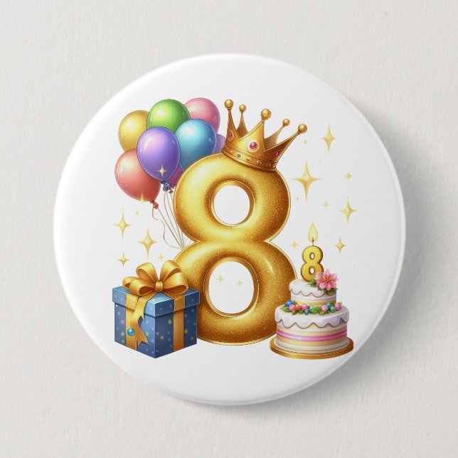 Goldener 8. Geburtstag Button (Vorderseite)