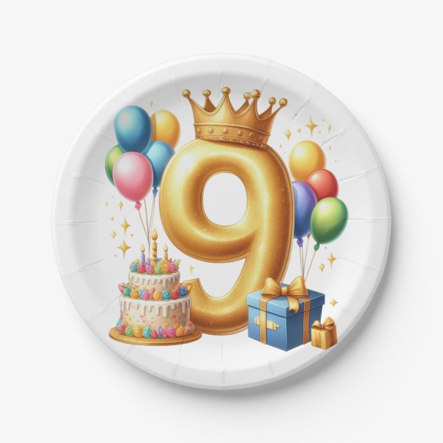 Goldener 9. Geburtstag Pappteller (Vorderseite)