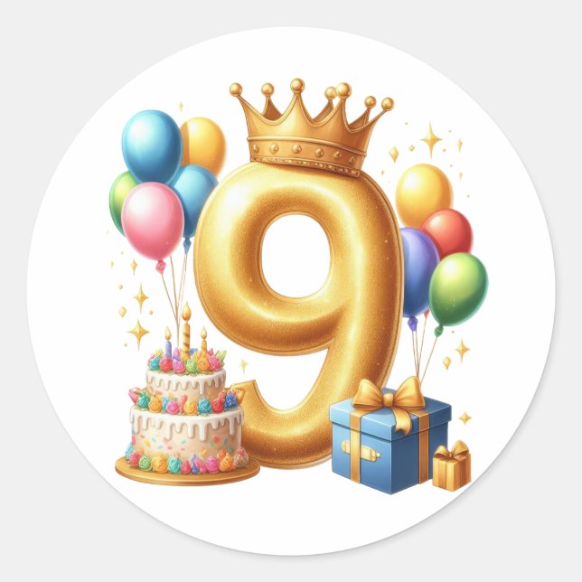Goldener 9. Geburtstag Runder Aufkleber (Vorderseite)