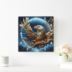 Goldener Adler auf dem Zweig in der Abenddämmerung Quadratische Wanduhr