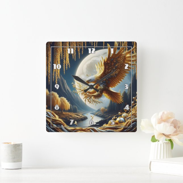 Goldener Adler auf dem Zweig nachts Quadratische Wanduhr (Zuhause)