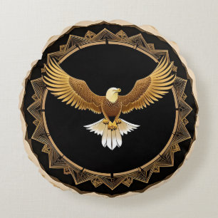 Goldener Adler auf geometrischer Mandala Rundes Kissen