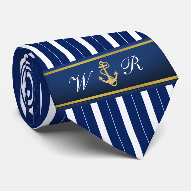 Goldener Anker auf den blauen Streifen nautisch Krawatte (Gerollt)