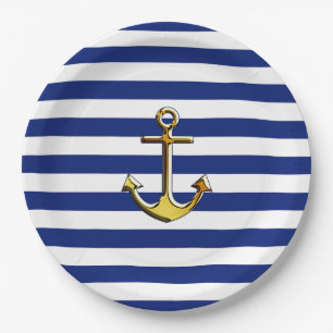 Goldener Anker auf Seemarine-blaue Streifen-Druck Pappteller