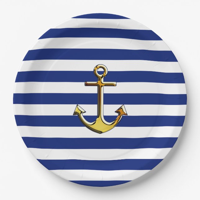 Goldener Anker auf Seemarine-blaue Streifen-Druck Pappteller (Vorderseite)