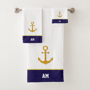 Goldener Anker & Monogramm auf navyblauem und weiß Badhandtuch Set