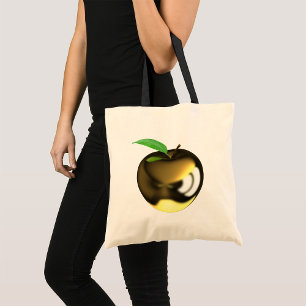 Goldener Apfel mit Blatt Glänzend Metallisch Tragetasche