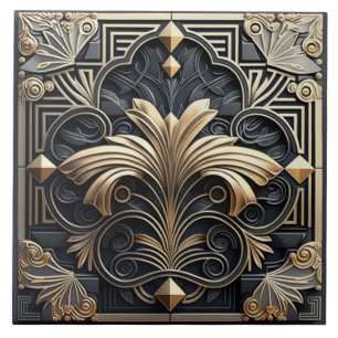 Goldener Art Deco Fächer mit ornamentaler Rahmung Fliese