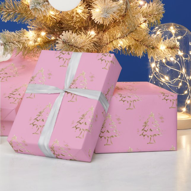 Goldener Baum auf Light Pink Weihnachten Geschenkpapier (Feiertage)