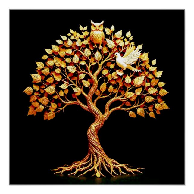 Goldener Baum des Lebens mit Eule und Taube Poster (Vorderseite)