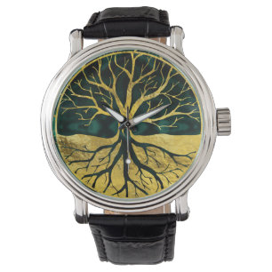 Goldener Baum des Lebens Yggdrasil auf Malachit Armbanduhr