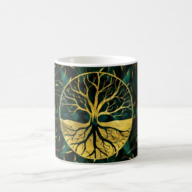Goldener Baum des Lebens Yggdrasil auf Malachit Kaffeetasse (Mittel)