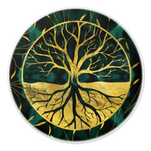 Goldener Baum des Lebens Yggdrasil auf Malachit Keramikknauf
