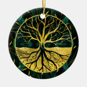 Goldener Baum des Lebens Yggdrasil auf Malachit Keramikornament