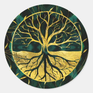 Goldener Baum des Lebens Yggdrasil auf Malachit Runder Aufkleber