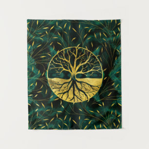 Goldener Baum des Lebens Yggdrasil auf Malachit Wandteppich