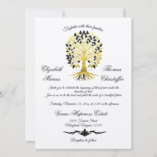 Goldener Baum des Lebens Zeitlose Hochzeit Einladung (Vorderseite)