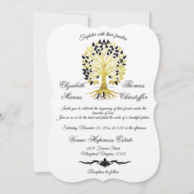 Goldener Baum des Lebens Zeitlose Hochzeit Einladung (Vorderseite)
