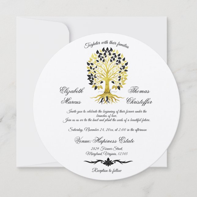 Goldener Baum des Lebens Zeitlose Hochzeit Einladung (Vorderseite)