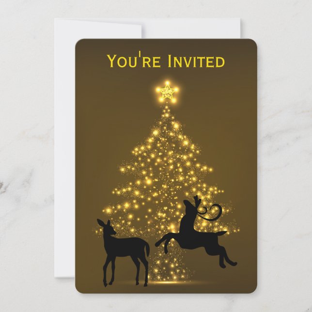 Goldener Baum mit Silhouette Hirsche Hochzeit Einladung (Vorderseite)