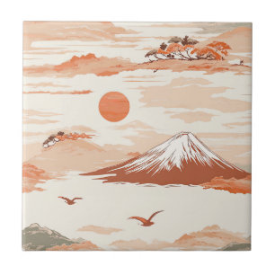 Goldener Berg Fuji Sonnenaufgang Japan Aquarellmus Fliese