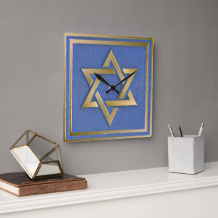 Goldener blauer Davidstern-Kunstpaneel Quadratische Wanduhr
