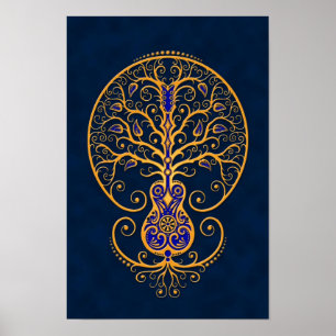 Goldener blauer Gitarren-Baum des Lebens Poster