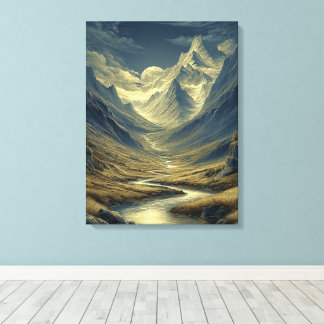 Goldener blauer mondbeschienener stilisierter Berg Leinwanddruck
