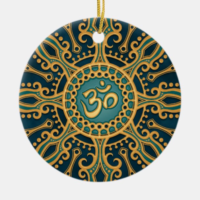 Goldener blauer Om-Stern Keramikornament (Vorne)