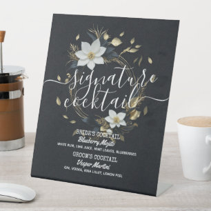 Goldener Blumenkranz Hochzeit Signature Drink Menü Sockelschild