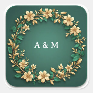 Goldener Blumenkranzrahmen für elegante Einladunge Quadratischer Aufkleber