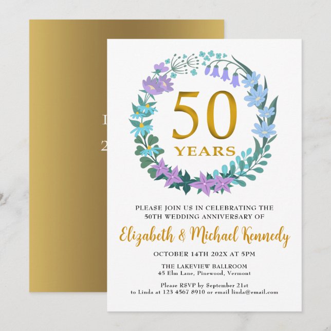 Goldener Blumenreath zum 50. Jahrestag Einladung (Vorne/Hinten)