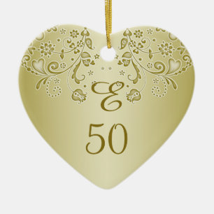 Goldener BlumenWirbel 50. Geburtstags-Herz Keramik Ornament