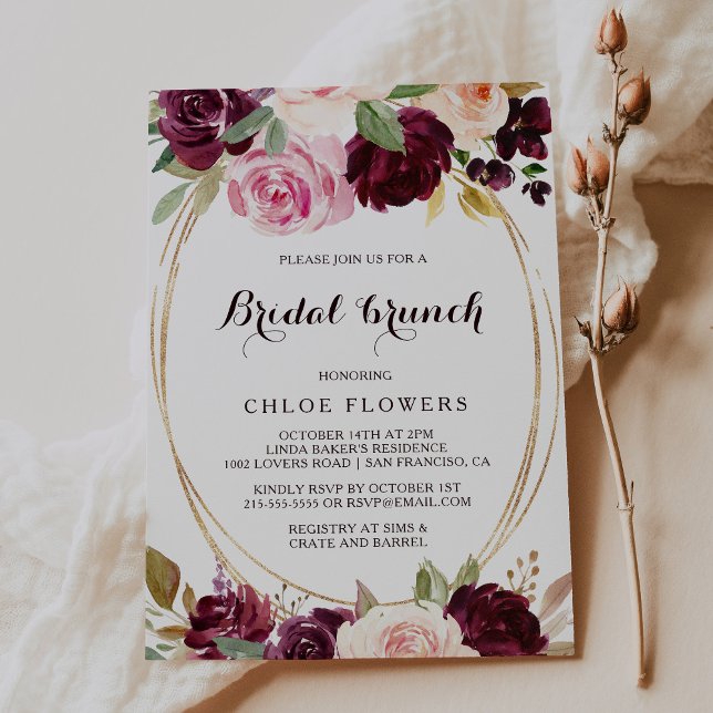 Goldener Blush Burgund Blumenbridal Brunch Einladung (Von Creator hochgeladen)