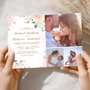 Goldener Blush Rosa Blumenfoto QR-Code Hochzeit Einladung