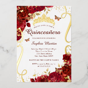 Goldener Blütenschmetterling Elegante Quinceanera Folieneinladung