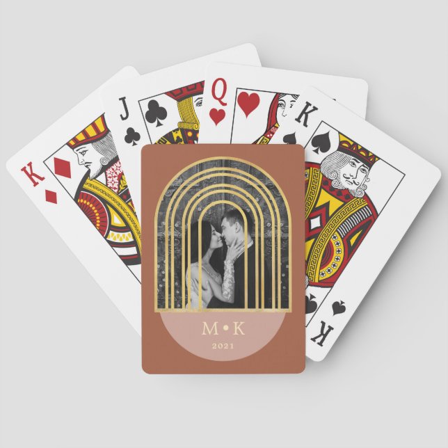 Goldener Bogen | Terracotta-Foto und Monogramm Spielkarten (Rückseite)