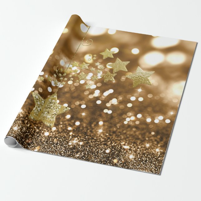 Goldener Bokeh Imitat-Glitzer u. Sterne Geschenkpapier (Ungerollt)