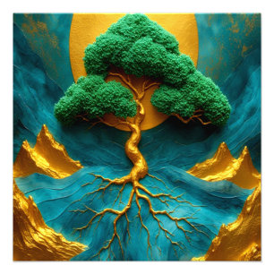Goldener Bonsai Mondlicht – Türkisfall Zen-Wand Fotodruck